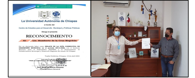 <strong>Figura 39.</strong> Reconocimiento al Mtro. Humberto de la Cruz Megchún y nombramiento al nuevo enlace de la guía consultiva Lic. Ramón Eloy Cerda Castillo